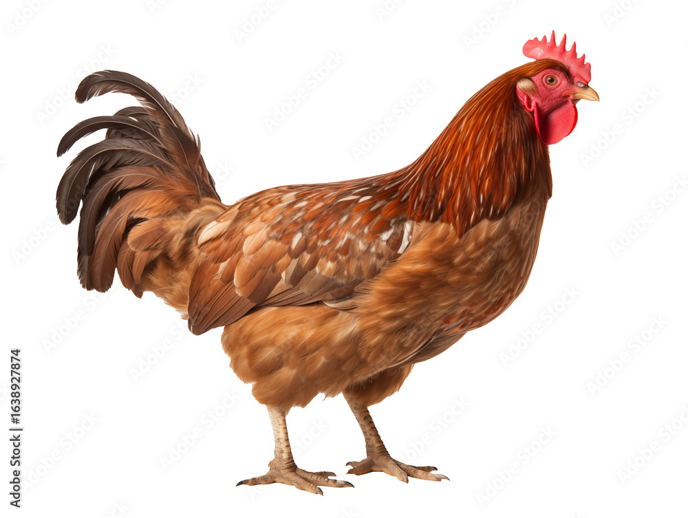 Fototapeta premium Brown feathered rooster, a symbol of farm life, standing tall and proud on transparent background