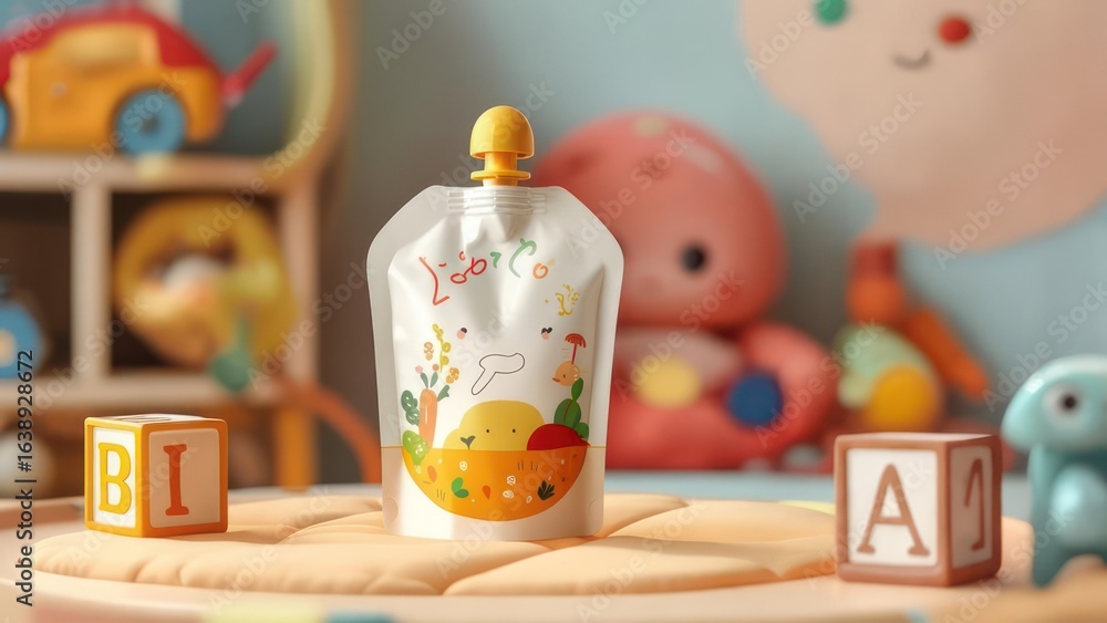 Charming Baby Food Pouch with Whimsical Art in a Soft-Focus Playroom Charming Baby Food Pouch with Whimsical Art in a Soft-Focus Playroom