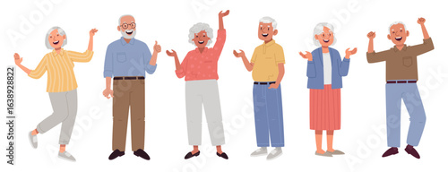 Set of characters of elderly happy people. Mature men and women rejoice and dance, demonstrate gestures of approval and jubilation, seniors are delighted