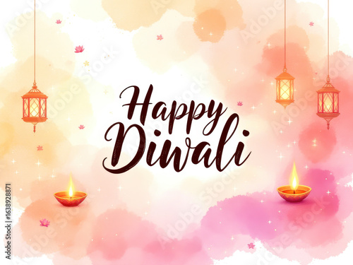 Festive diwali greeting card with diyas and lanterns on vibrant background