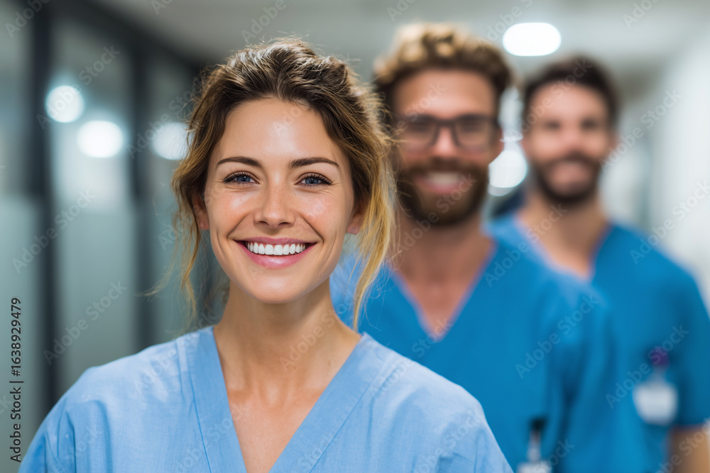 Fototapeta premium Three people in blue scrubs are smiling for the camera