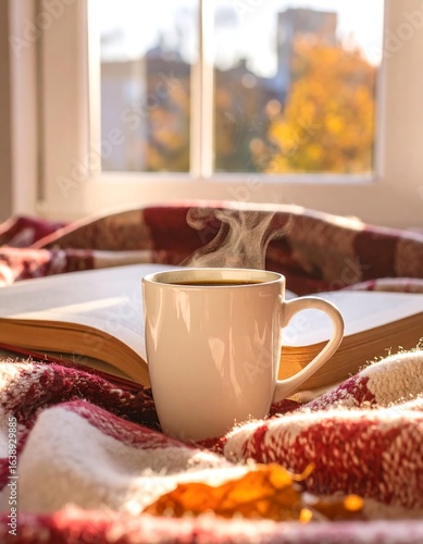 Steaming coffee mug rests on open book atop cozy blanket near sunlit window