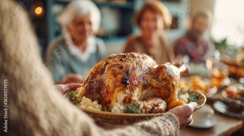 Person serving roasted turkey for Christmas or Thanksgiving dinner at home, friends and family sitting around table