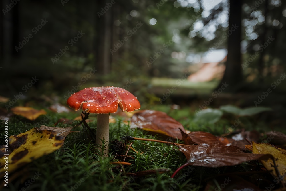 Fototapeta premium Vibrant red mushroom growing in a mossy forest floor with autumn leaves