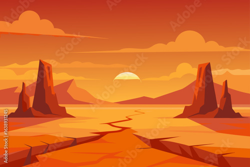 Cartoon desert landscape with setting sun