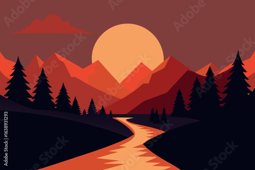 Sunset over mountains and river landscape