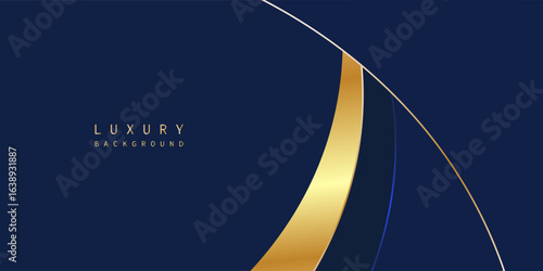 Elegant navy blue background with curved golden ribbon accents. Luxurious and modern abstract design perfect for invitations, certificates, business cards, and premium branding.
