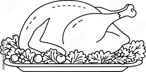 Roast Turkey Line Art – Holiday Feast Platter Vector Illustration