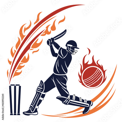 A stylized cricket player silhouette swings a bat near a burning ball and wickets. This icon likely represents a sports-related organization.

Fiery Cricket Icon: Sports Logo Template for Adobe Stock.
