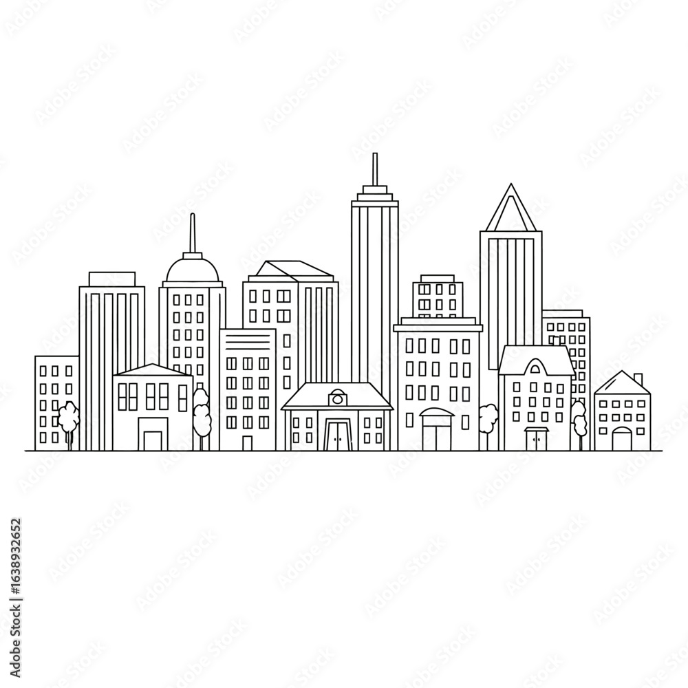 Naklejka premium Simple Black and White Cityscape Illustration with Various Building Styles