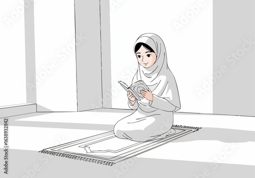 Young Muslim Girl Reading a Book on a Rug in a Minimalist Room for Vector Art, Blogs, Education, Cultural Awareness Websites, and Social Media Content  