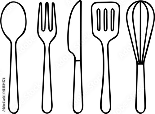 Minimalist black and white line art of kitchen utensils – spoon, fork, knife, spatula, and whisk, perfect for cooking designs and restaurant branding
