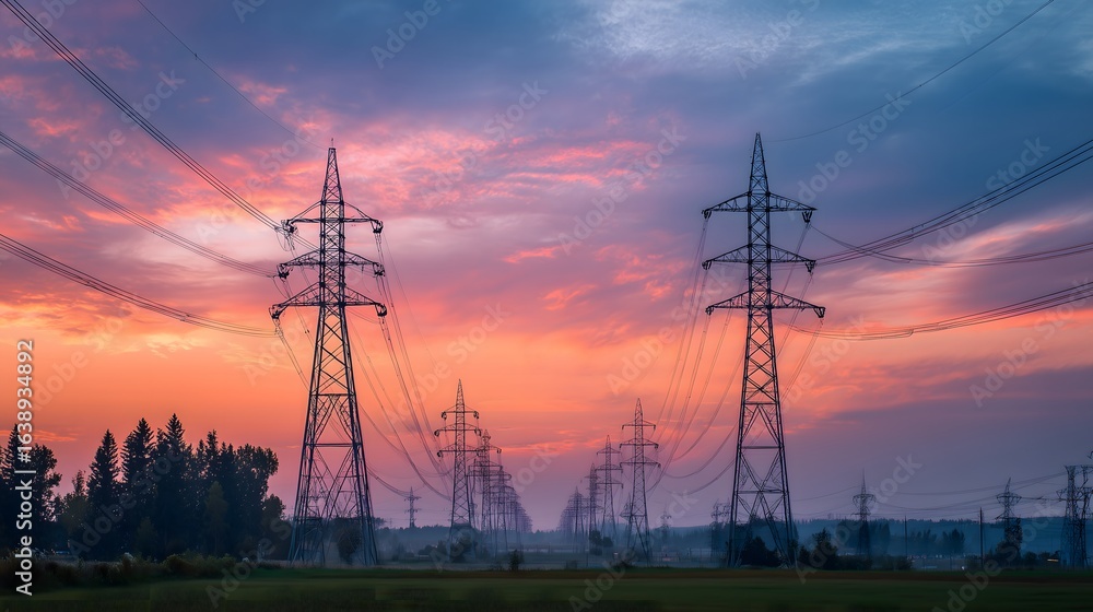 Fototapeta premium High Voltage Power Transmission Towers and Electric Lines at Sunset, Energy Infrastructure and Electricity Distribution Network