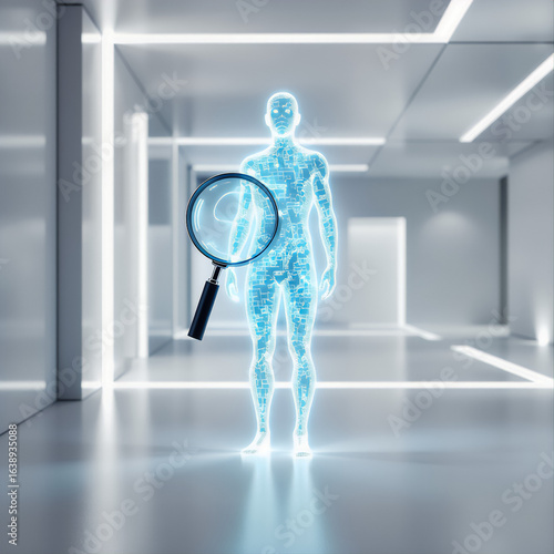 Minimalist Corporate Talent Assessment Concept – Glowing Human Silhouette with Magnifying Glass Highlighting Skills, Clean Professional Environment, Neutral Tones, Precision Hiring
