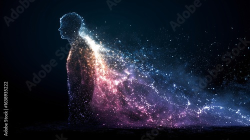 A human silhouette dissipates into a shimmering spectrum of electric waves and cosmic particles, becoming one with the universe in a spiritual surrealist style
