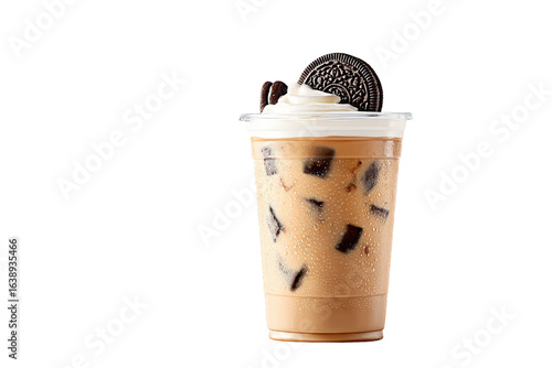 Iced Chocolate Coffee Drink with Whipped Cream and Oreo Cookies on Transparent Background