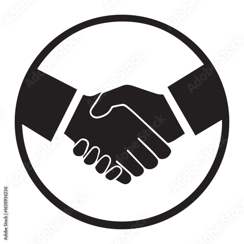 Black and white graphic of a handshake inside a circle representing agreement and partnership or deal