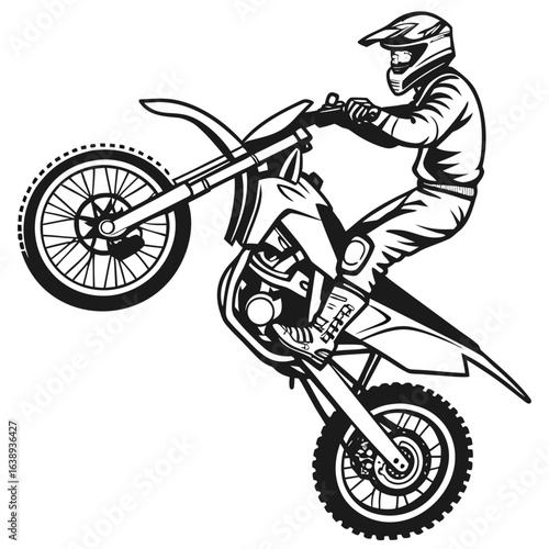 Motocross rider on a dirt bike performing a wheelie stunt, vector illustration
