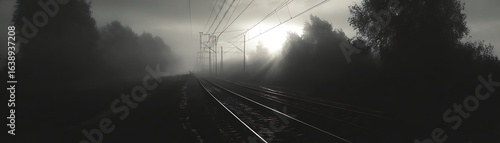 Misty morning railroad tracks.