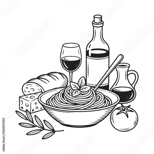 Italian dinner with pasta wine and bread