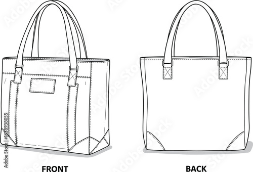 Cad drawing flat vector illustration, tote bag front and back view, fashion accessory design, sewing pattern, technical sketch template