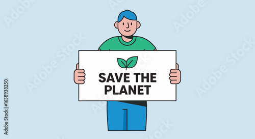 A cartoon man holding a sign advocating for environmental protection, with leaves.