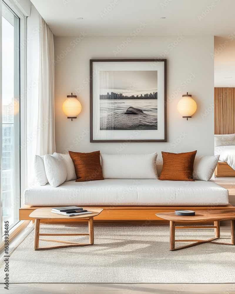 Obraz premium Modern living room with a minimalist style showcasing a serene view and elegant decor elements