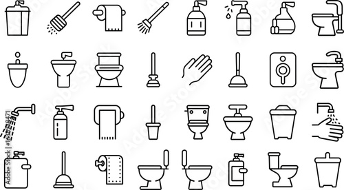  toilet line icon set,shower, plumbing, signs, sink, furniture and more vector illustration