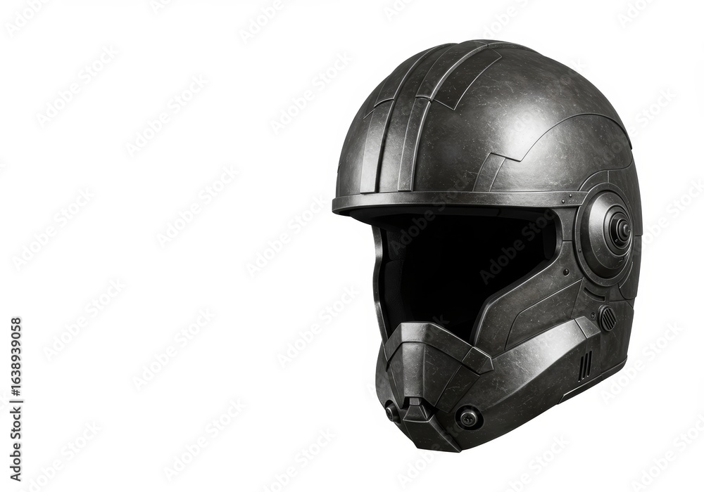 Fototapeta premium Futuristic metallic helmet isolated on white, conveying robust protection