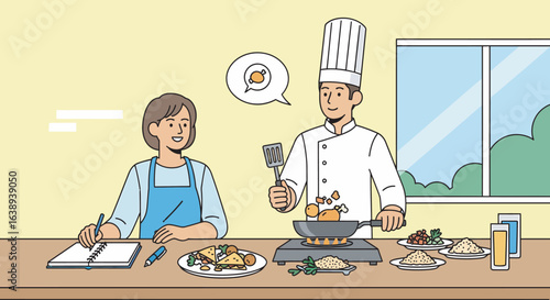 A chef demonstrating cooking techniques to a woman, with prepared dishes on a table.