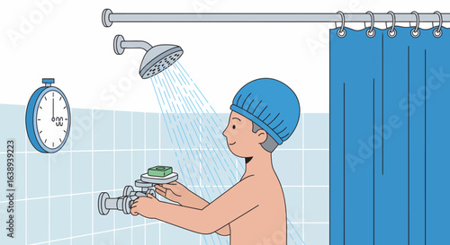 A person wearing a shower cap, preparing to bathe under a running shower.