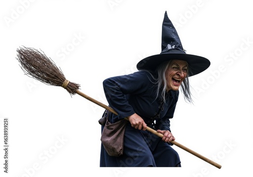 Cackling crone: A Halloween hag wielding her broom with malevolent glee