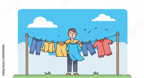 A man hangs laundry on a clothesline outdoors, with blue sky, clouds, and birds in the background.
