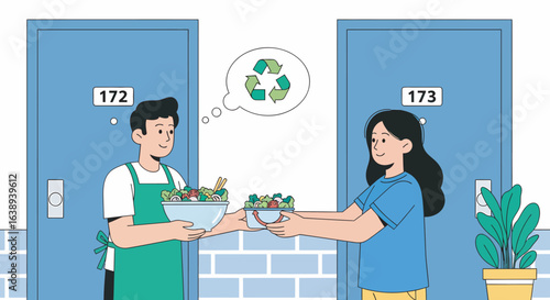 Neighbors exchange healthy salads, mindful of recycling, promoting sustainable living.