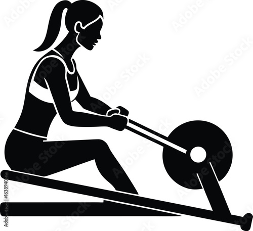 fitness woman on rowing machine on white backgroun.eps