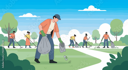 Volunteers cleaning park, collecting trash, and using rakes to maintain a clean environment.