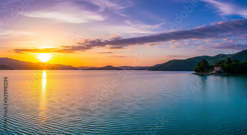 Serene landscape of a colorful sunset over a vast lake, with the sun's reflection on the calm water and mountains on the horizon.