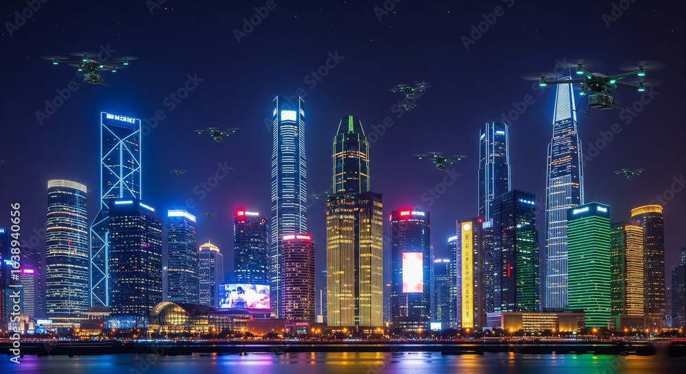 Obraz premium City skyline illuminated at night with drones flying above the skyscrapers and water reflection below