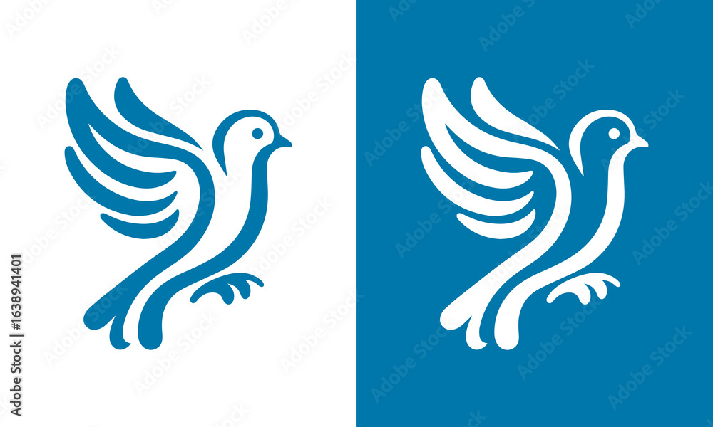 Obraz premium Stylized Dove Bird Logo,Blue and White Abstract Design, Peaceful and Hopeful Symbol.