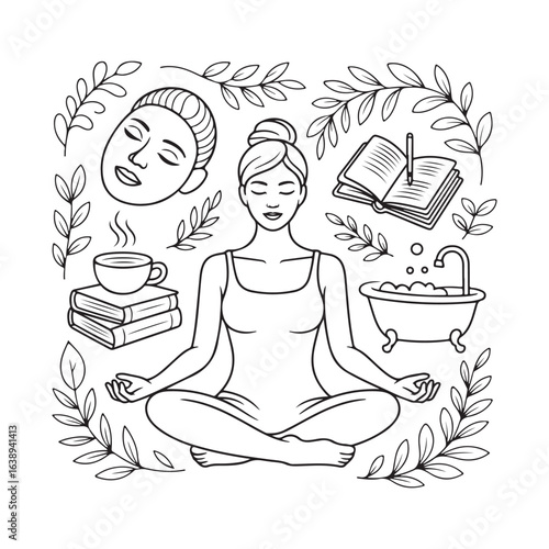 A woman meditating in a yoga pose surrounded by various objects