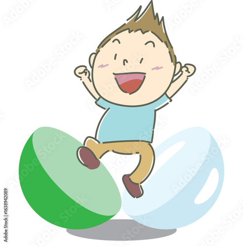 緑のカプセルから勢いよく飛び出す男の子