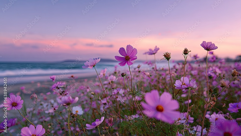 Obraz premium Coastal Sunset Cosmos Field Pink flowers bloom on a beach at dusk, waves gently roll in the background, ideal for peaceful nature scenes