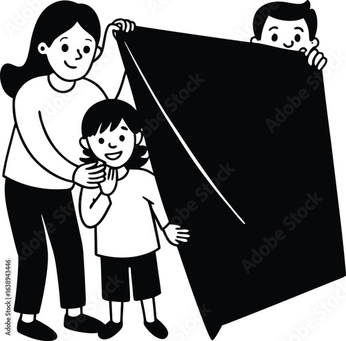 happy family playing hide and seek on white backgr.eps