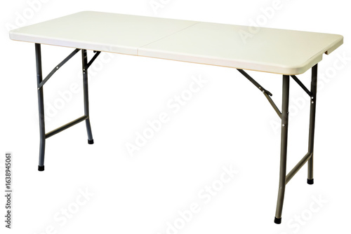 Long folding utility table with white plastic top and metal legs isolated with transparent background