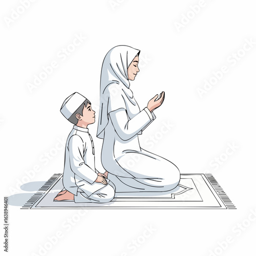 Mother and Child Praying Together on Prayer Mat in Vector Art Style for Cultural Blogs, Faith-Based Websites, Religious Education Materials, and Spiritual Awareness Content  