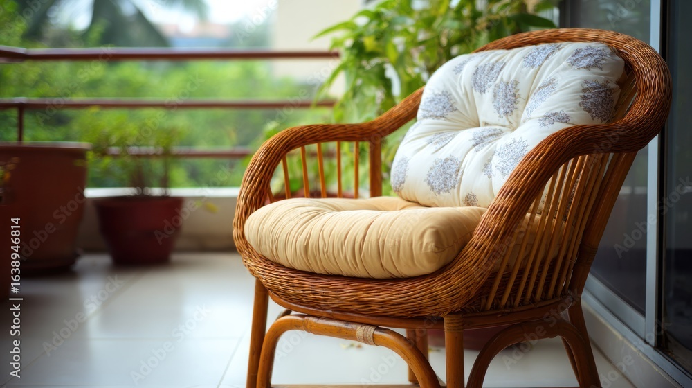 Fototapeta premium A wicker chair with a cushion on a balcony with plants and a glass door.