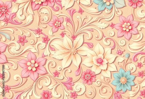 Intricate, swirling floral pattern in soft pastels , trendy, design element