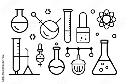 Collection of hand drawn science laboratory equipment icons isolated on transparent background
