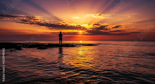 Solitary figure silhouetted against a vibrant sunset over the ocean, rays bursting through clouds.