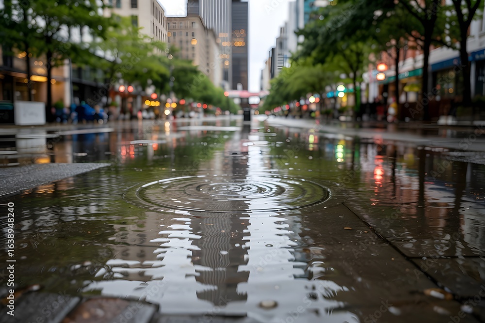 Fototapeta premium City street after rain with reflections and ripples in puddles